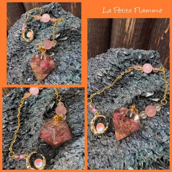pendule divinatoire diamant orgonite rhodonite création résine la petite flamme