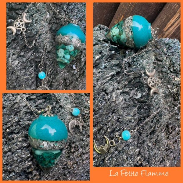pendule divinatoire orgonite goutte turquoise création résine la petite flamme